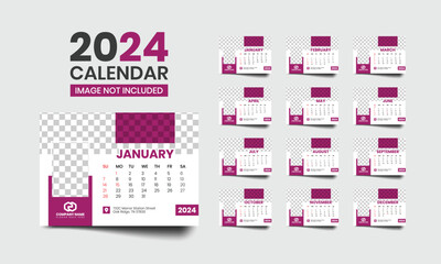 Modern desk calendar template for new year - horizontal layout - 12 months