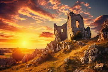 Fototapeta premium Ruined ancient castle in sunset, on the top of the hill, with sun behind