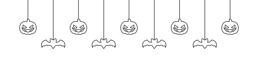 Happy Halloween banner or border with bats and jack o lantern pumpkins outline doodle. Hanging Spooky Ornaments Decoration Vector illustration, trick or treat party invitation