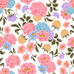 Flower seamless pattern illustration with colorful rose, peony, floral bud, and green leaf branch elements	