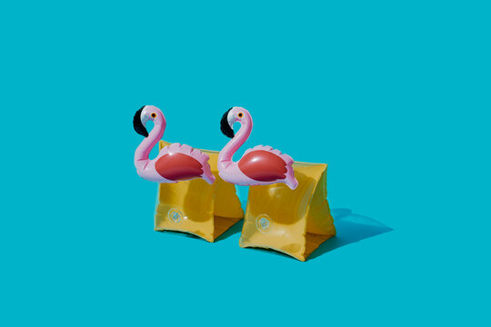 a pair of pink-flamingo inflatable armbands