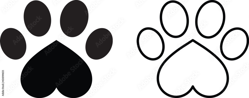 Aufkleber love paw print icon set vector in two styles . paw print with heart