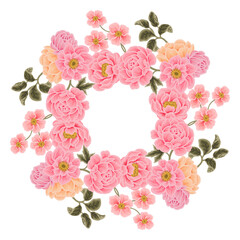 Hand drawn flowery frame and wreath illustration arrangements with colorful rose, peony, floral bud, and green leaf branch elements