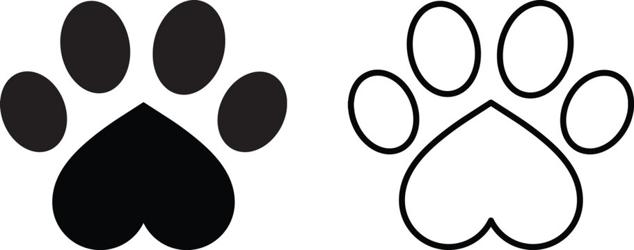 Love paw print icon set vector in two styles . Paw print with heart