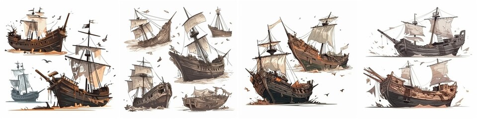 A beautiful and detailed vector image of ships after shipwrecks. Illustrates the beauty and nostalgia for old wrecked sailboats. Great for artwork, posters or as a decorative item.