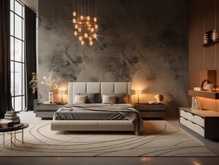 Interior of a luxury bedroom design, modern bedroom ideas, with bed, lamps, and abstract painting