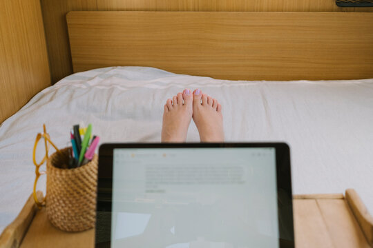 POV photo of a woman in a caravan bed