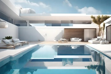 Luxury beach and pool property on Santorini island 3d rendering