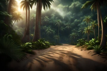 Tropical forest with palm trees and dirt road 3d rendering 