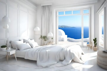 3d Mediterranean Greek island style allwhite bedroom with unique style and a view to the aegean sea 3d rendering