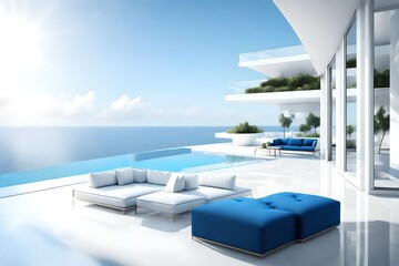 Wide view outdoor terrace Modern white living room blue sofa with infinity pool in front of beautiful sea, Postproducted 3d rendering