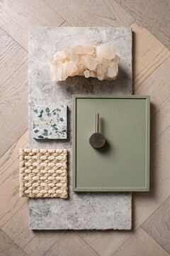 flatlay of samples for architectural design elements and moodboard