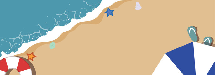 浮き輪とビーチパラソルで飾られた夏旅応援キャンペーン広告バナーテンプレート（コピースペースあり）　Summer Travel Support Campaign ad banner template decorated with floats and beach parasols (Copyspace available) © arucom_