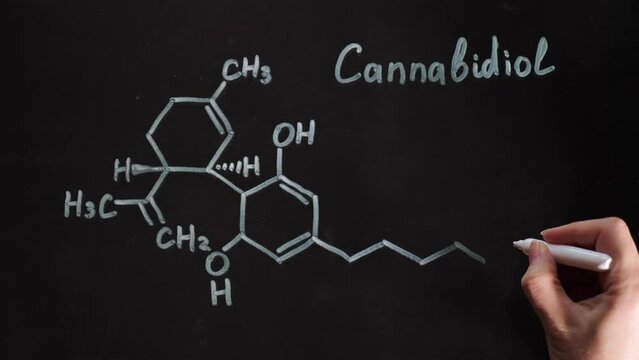 Close-up drawing of the chemical formula of cannabidiol on a black background. A scientist chemist writes in white