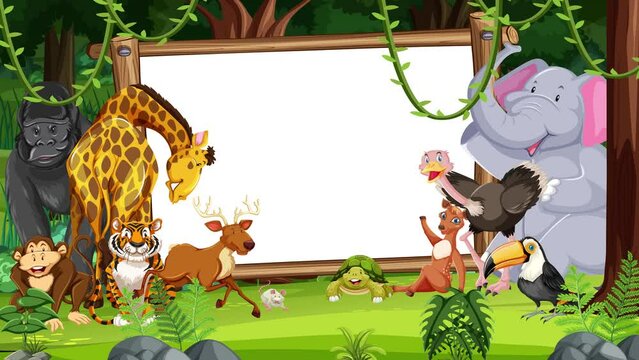 Happy wild animals on a wooden frame border against a jungle forest background.