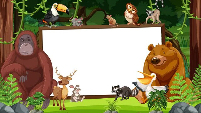 Wild animals on wooden frame border in jungle forest with pond background.