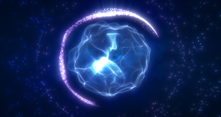 Abstract blue energy sphere from particles and waves of magical glowing on a dark background
