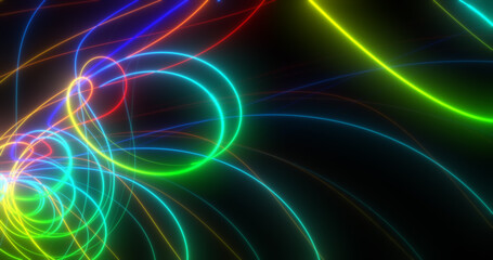 Abstract multi-colored rainbow neon energy laser lines flying on a black background