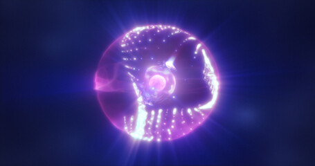 Abstract purple energy sphere with flying glowing bright particles, science futuristic atom with electrons hi-tech background
