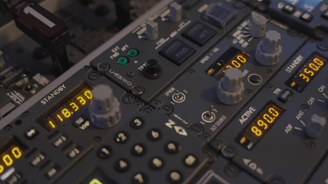 Interior of a Boeing 737 plane, detailed close-up from cockpit. Instruments and dials in an airliner, in 4K 30fps.