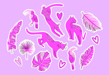 A set of tropical leaves and leopards. Pink tropical elements. Vector. Can be used for stationery, apparel, home decor, and accessories, with a trendy and exotic touch.