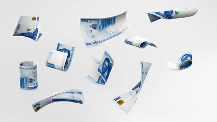 3D render of flying 1000 Naira notes in different angles