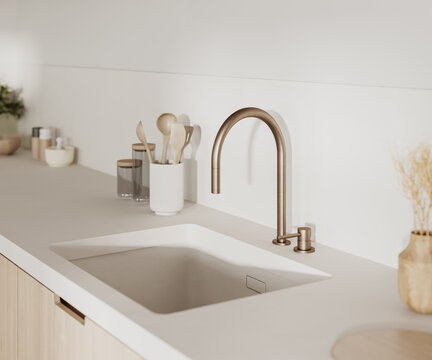 Close up of kitchen sink with faucet, home kitchen interior, 3d render
