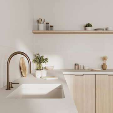 Kitchen interior in minimalist japandi style, 3d rendering