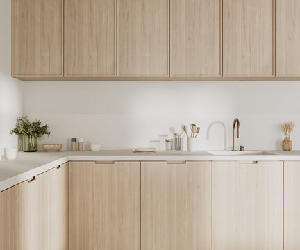 Fototapeta Bright scandinavian style kitchen interior, 3d rendering