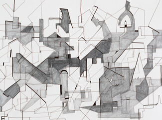 An abstract monochrome drawing with random lines.