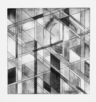 A monochrome intaglio print.
