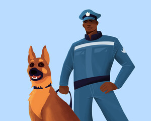 An illustration of a security man in uniform with his obedient dog