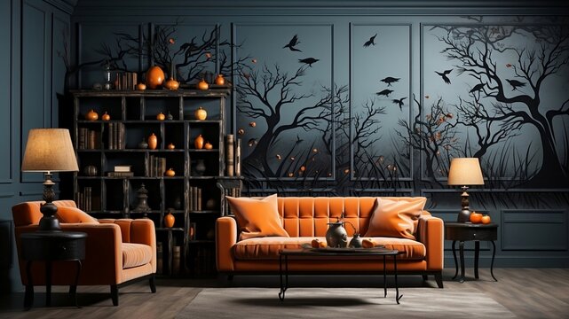 Halloween dark living room interior with sofa and spooky image