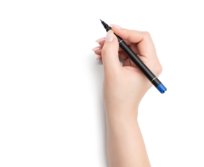 Female hand holding a black marker pen drawing, isolated on a transparent background png.
