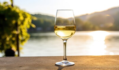 Photo of a refreshing glass of wine by the water's edge