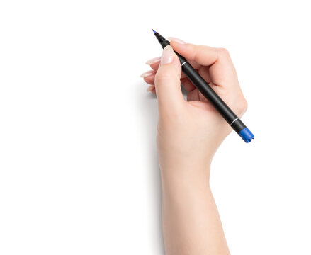 Female hand holding a black marker pen drawing, isolated on a transparent background png.