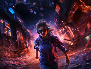 Fototapeta na wymiar Girl running in a virtual reality game in a city background 