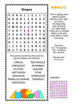 Shapes word search puzzle. Answer included.
