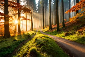 Autumn forest nature. Vivid morning in colorful forest with sun rays through branches of trees. 