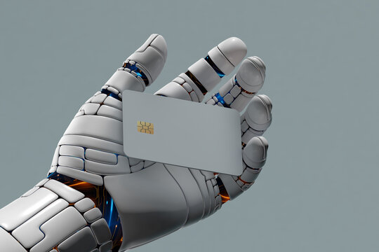 A robot holding a card in his hand