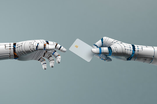 A pair of robotic hands holding a credit card