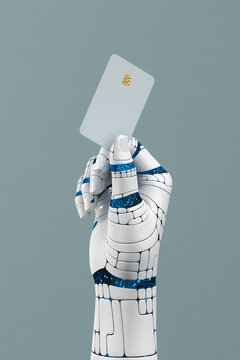 A robot holding a credit card in his hand