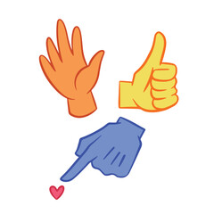 Three hand signs with orange hello, yellow good job, and blue pointing something gesture colored vector illustration isolated on square white background. Simple flat cartoon art styled drawing.