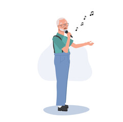  Happy Elderly man Singing.  Active Senior Citizen Enjoys Expressive Karaoke. Flat vector cartoon illustration