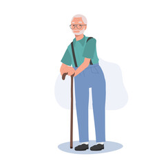  Smiling Elderly Lady with Cane stick. Elderly Smiling Woman, Grandfather Lifestyle. Flat vector cartoon illustration