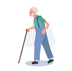 Confident Grandpa , elderly man is Walking with cane Stick. Active outdoor lifestyle. Flat vector cartoon illustration