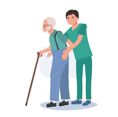 Healthcare Concept. Elderly Grandfather Walking Assistance by Happy Male Nurse in Uniform. Flat vector cartoon illustration