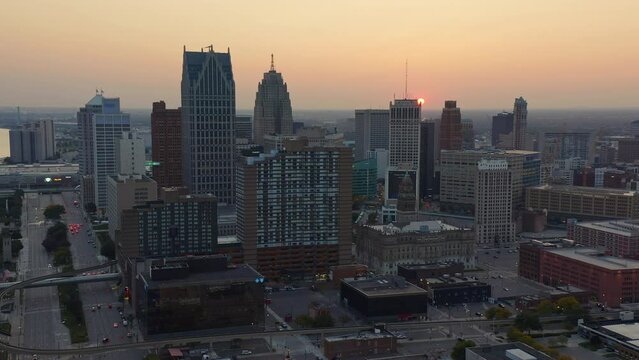 Sunset Evening Aerial Of Buildings Downtown