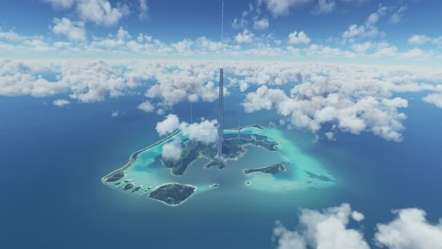 Circular aerial view of space futuristic elevator in Bora Bora. French Polynesia