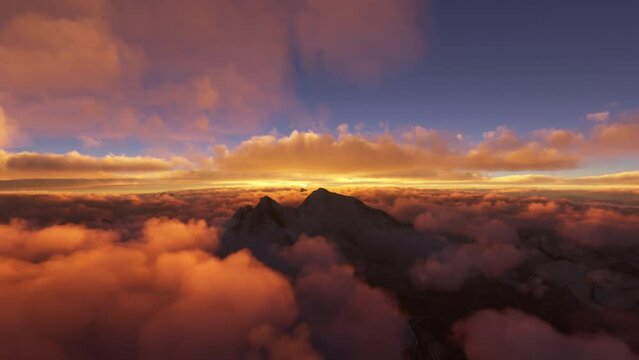 Flying above the clouds at sunset on Mount Everest in Nepal. In the Himalayan range